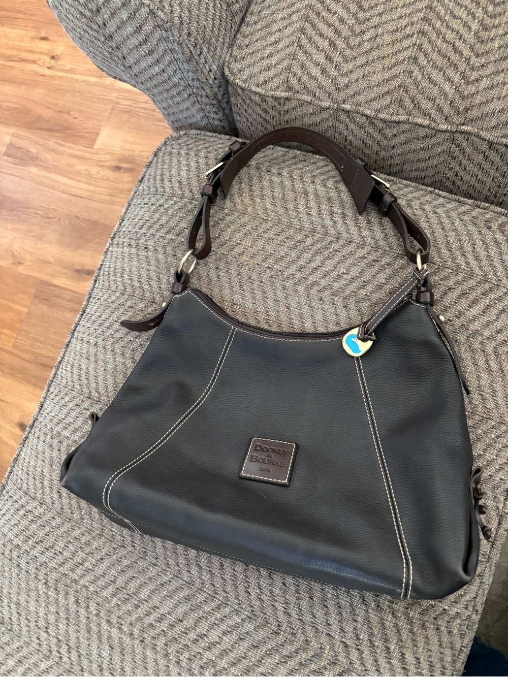 Dooney & Bourke Black Pebbled Leather Shoulder Bag with Dark Brown Trim